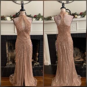Heavily beaded gold prom dress, formal dress or pageant evening gown